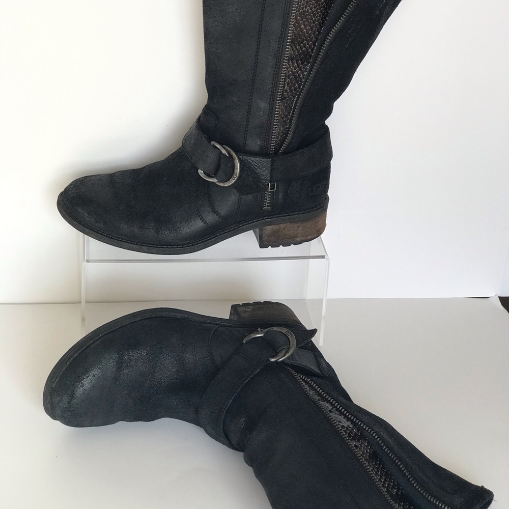 UGG Silva Moto Engineer Black Warm Biker Boots Women size 6 Snake Accent Zipper
